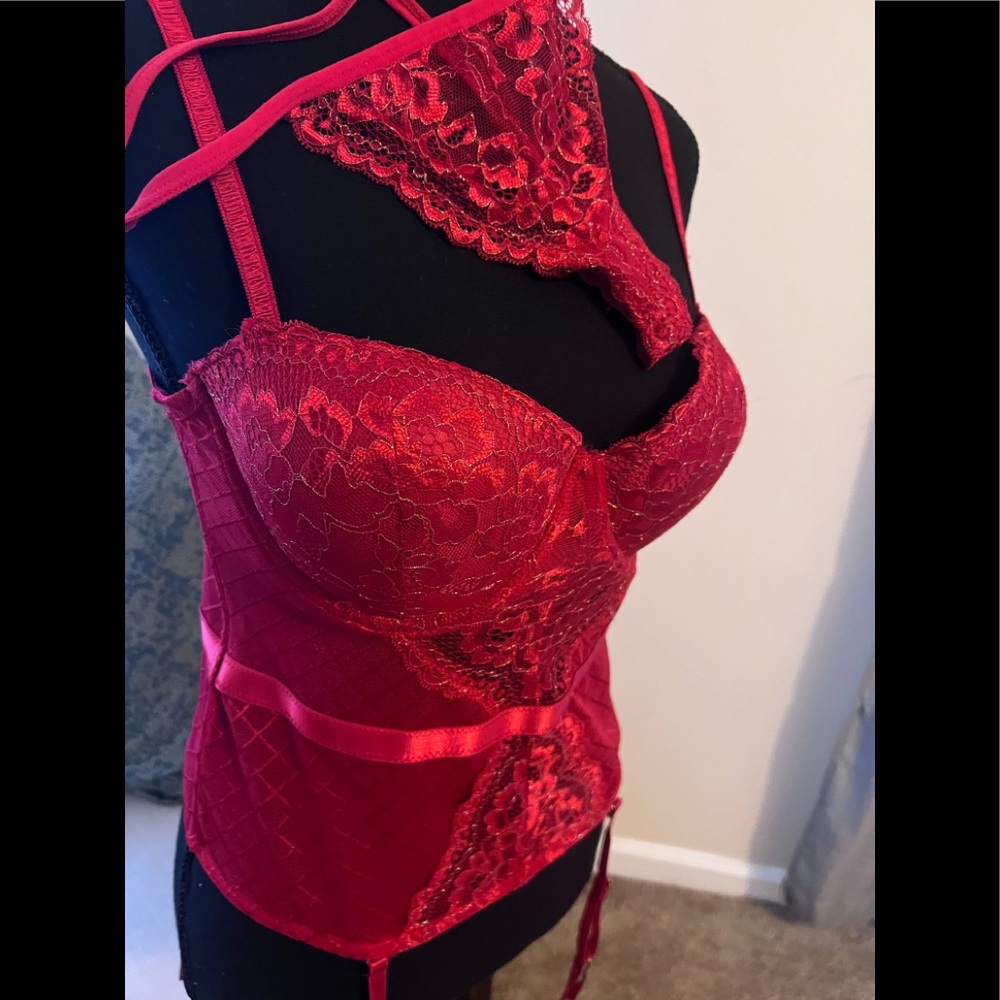 Red Transparent Floral Lace Halter Padded Bra Corset Bustier Lingerie